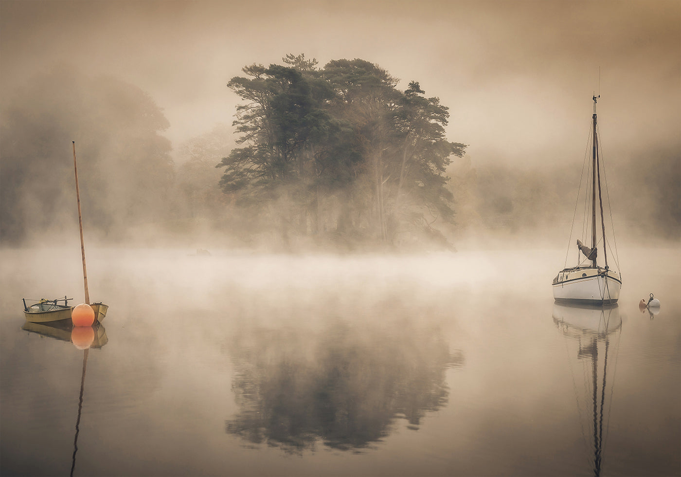 Two Boats In The Fog Poster